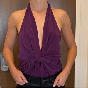 EXPRESS Deep Plunge Purple Halter Bodysuit with Twisted Knot Design BottomSnaps